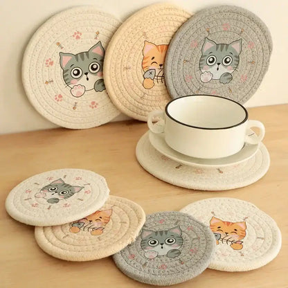 Cream braided rope cat print round coaster dining room heat pad