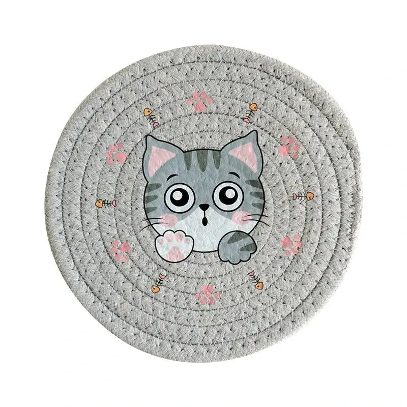 Cream braided rope cat print round coaster dining room heat pad