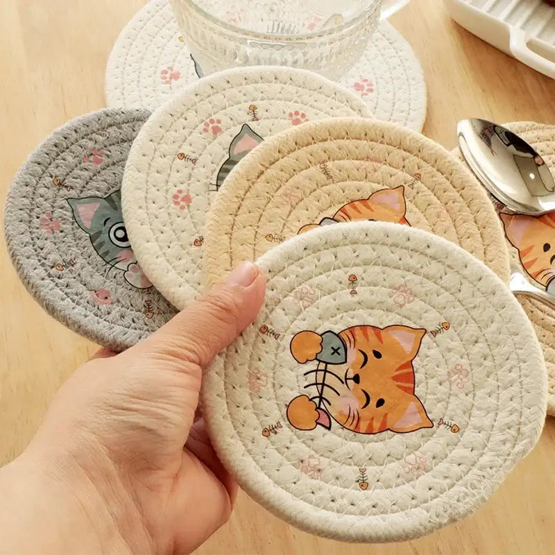 Cream braided rope cat print round coaster dining room heat pad