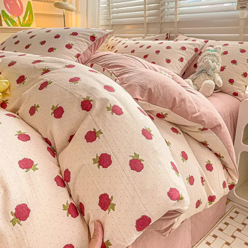Cream bunny & pink rose cartoon pattern cotton bedding set bedroom