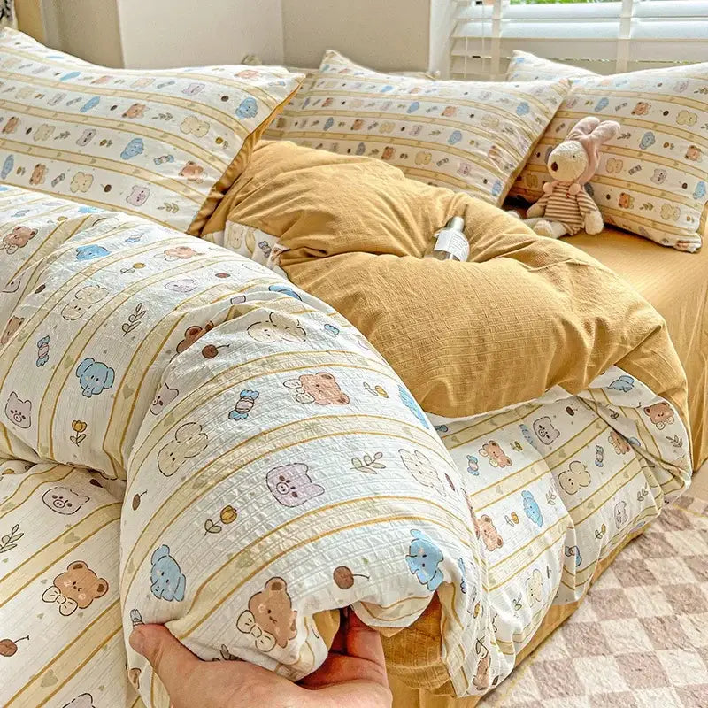 Cream bunny & pink rose cartoon pattern cotton bedding set bedroom