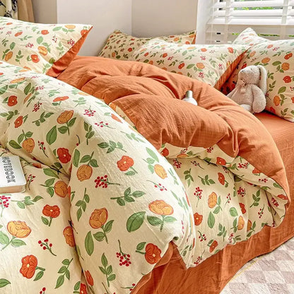 Cream bunny & pink rose cartoon pattern cotton bedding set bedroom