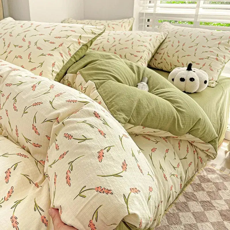 Cream bunny & pink rose cartoon pattern cotton bedding set bedroom