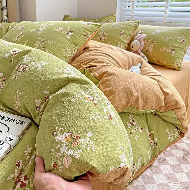 Cream bunny & pink rose cartoon pattern cotton bedding set bedroom