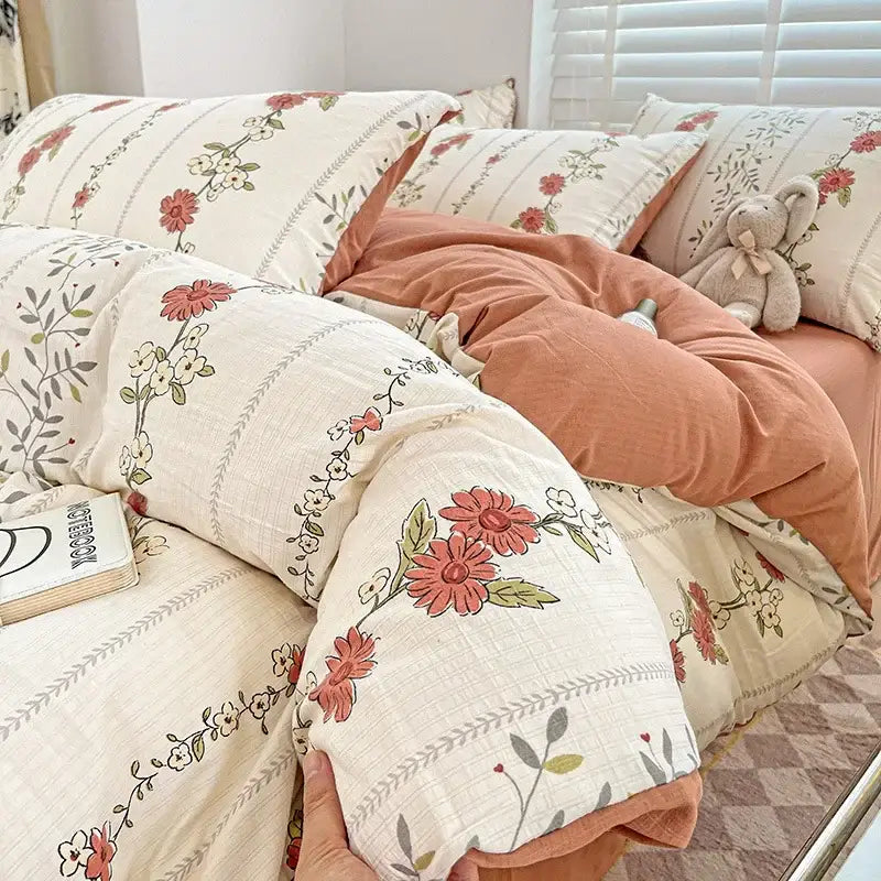 Cream bunny & pink rose cartoon pattern cotton bedding set bedroom