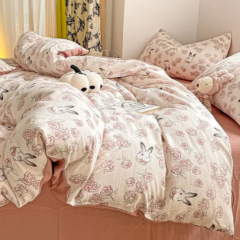 Cream bunny & pink rose cartoon pattern cotton bedding set bedroom