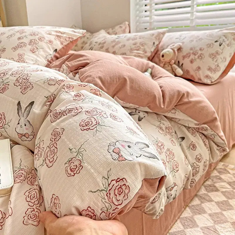 Cream bunny & pink rose cartoon pattern cotton bedding set bedroom