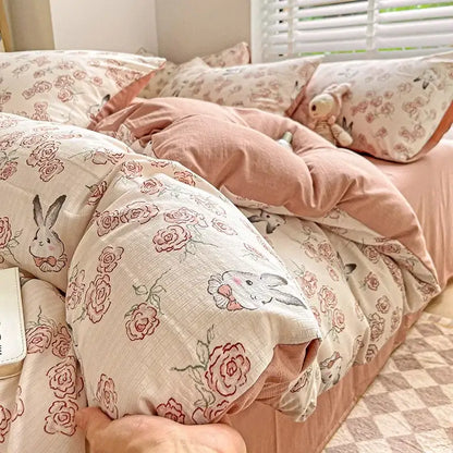 Cream bunny & pink rose cartoon pattern cotton bedding set bedroom