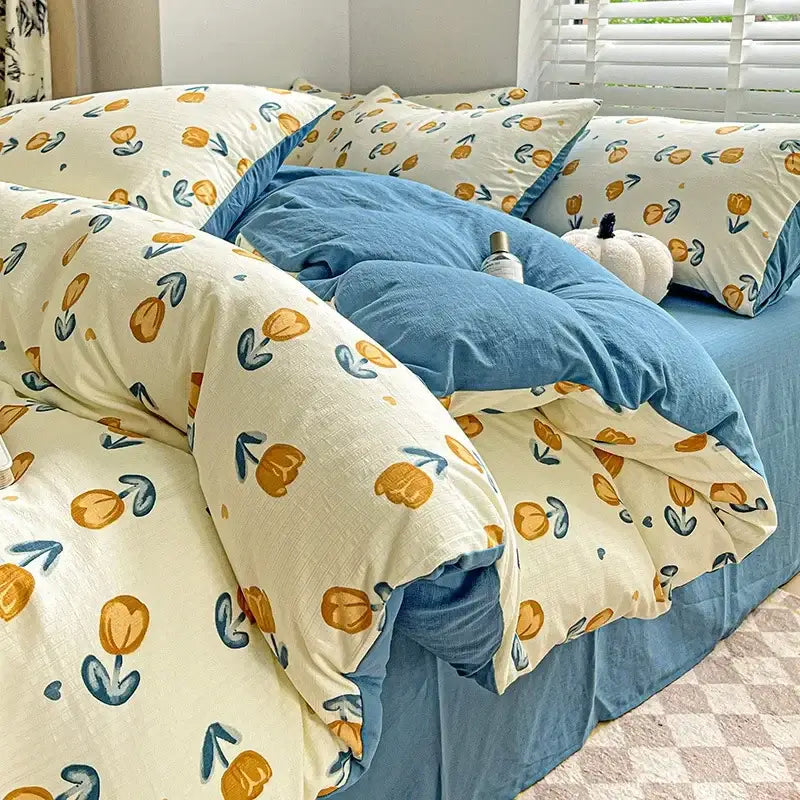 Cream bunny & pink rose cartoon pattern cotton bedding set bedroom
