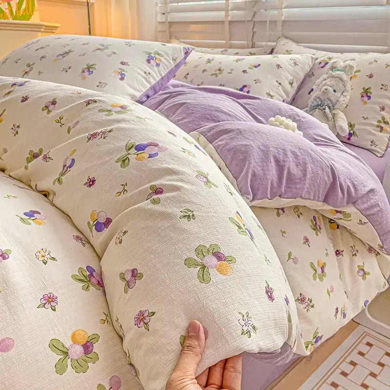 Cream bunny & pink rose cartoon pattern cotton bedding set bedroom