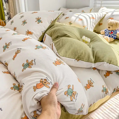 Cream bunny & pink rose cartoon pattern cotton bedding set bedroom