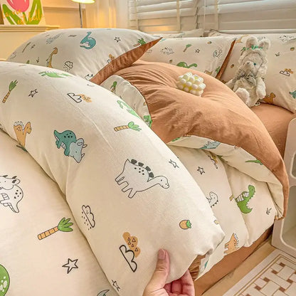 Cream bunny & pink rose cartoon pattern cotton bedding set bedroom