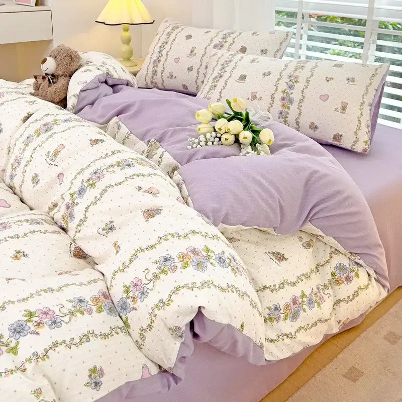 Cream bunny & pink rose cartoon pattern cotton bedding set bedroom