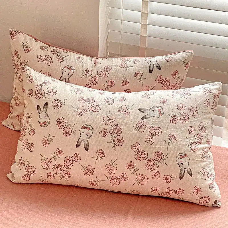 Cream bunny & pink rose cartoon pattern cotton bedding set bedroom