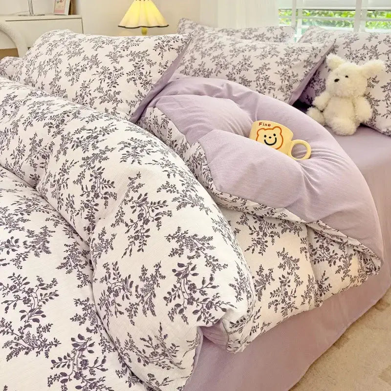 Cream bunny & pink rose cartoon pattern cotton bedding set bedroom