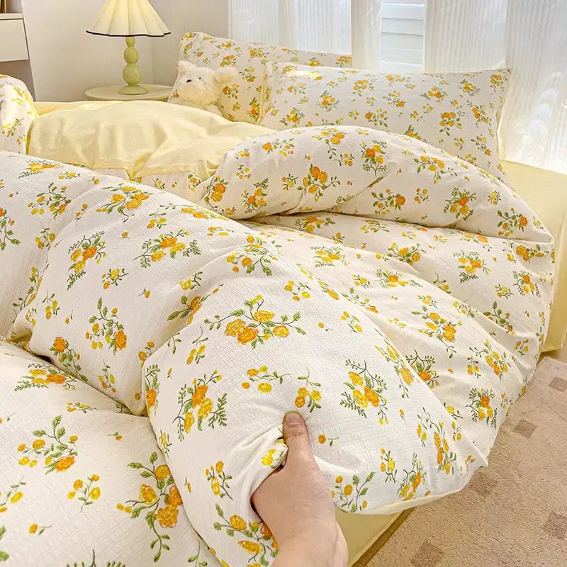 Cream bunny & pink rose cartoon pattern cotton bedding set bedroom