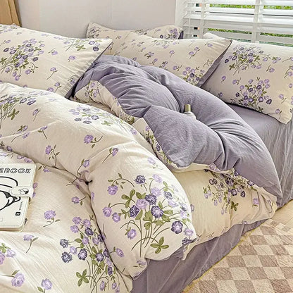 Cream bunny & pink rose cartoon pattern cotton bedding set bedroom