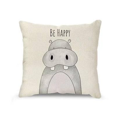 Cream cartoon animal linen pillowcase set for living room