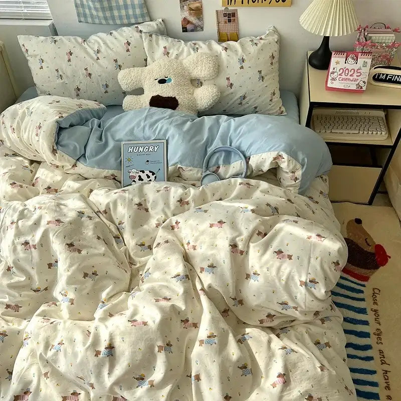Cream cartoon bear pattern printed bedding set bedroom decor