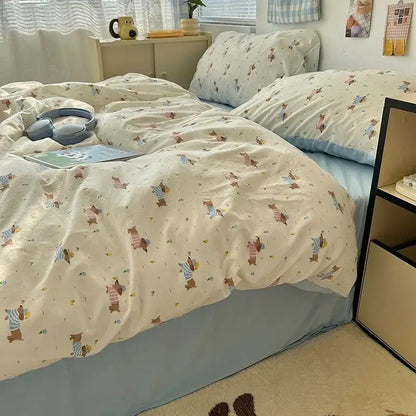 Cream cartoon bear pattern printed bedding set bedroom decor