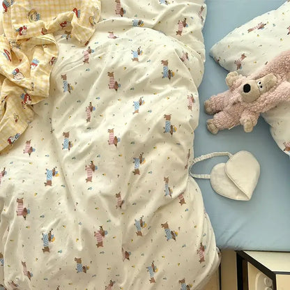 Cream cartoon bear pattern printed bedding set bedroom decor