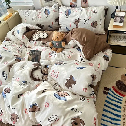 Cream cartoon bear pattern printed bedding set bedroom decor