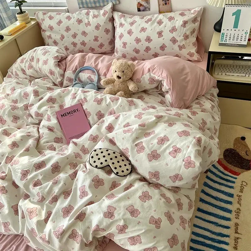 Cream cartoon bear pattern printed bedding set bedroom decor