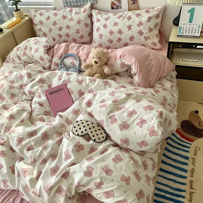 Cream cartoon bear pattern printed bedding set bedroom decor