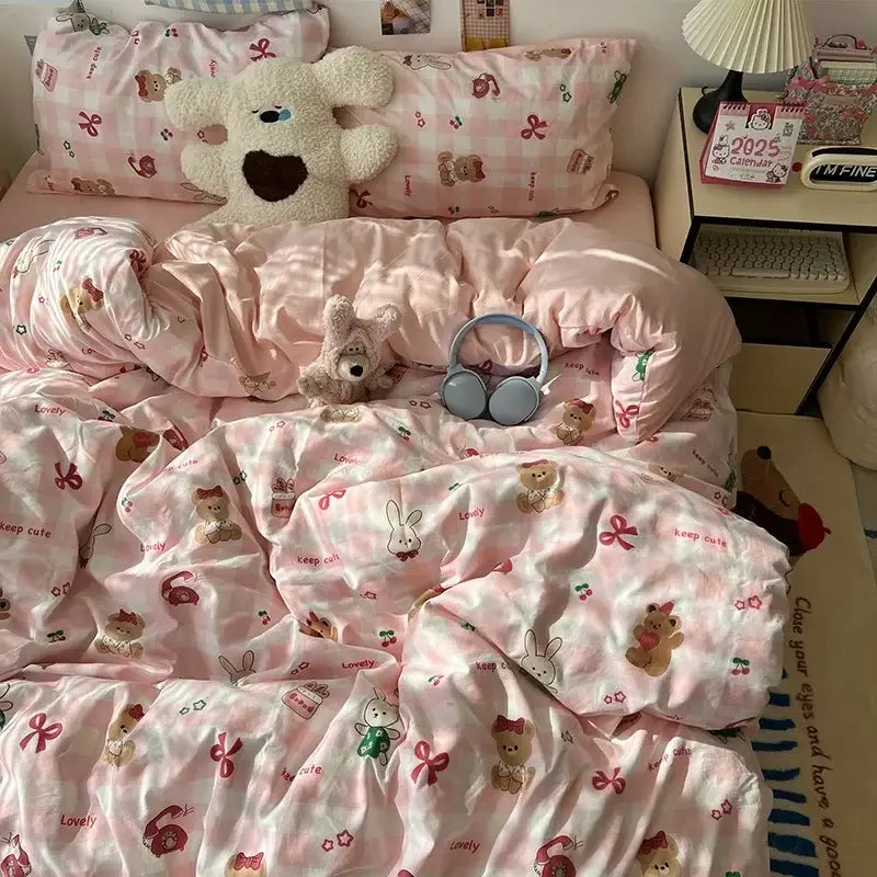 Cream cartoon bear pattern printed bedding set bedroom decor