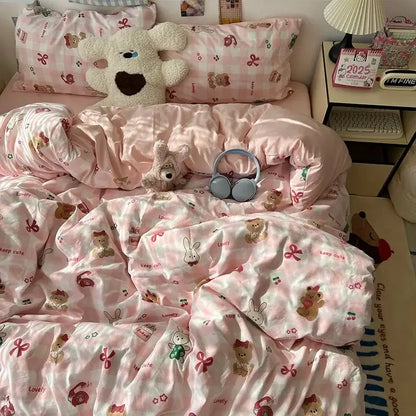 Cream cartoon bear pattern printed bedding set bedroom decor