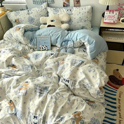 Cream cartoon bear pattern printed bedding set bedroom decor