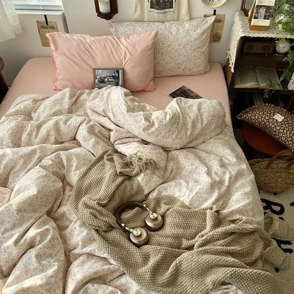 Cream cartoon bear pattern printed bedding set bedroom decor