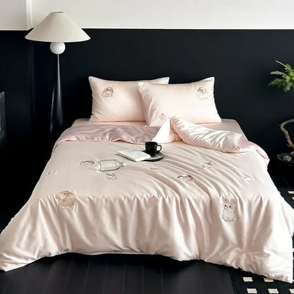 Cream cartoon embroidered ice silk bedding set bedroom bunny decor
