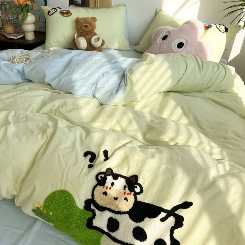 Cream cartoon embroidery jacquard comforter set bedroom bed linen