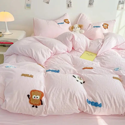 Cream cartoon embroidery jacquard comforter set bedroom bed linen