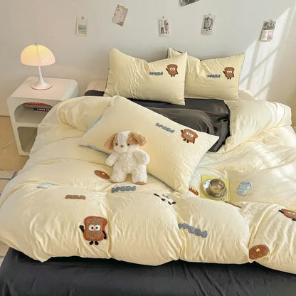 Cream cartoon embroidery jacquard comforter set bedroom bed linen