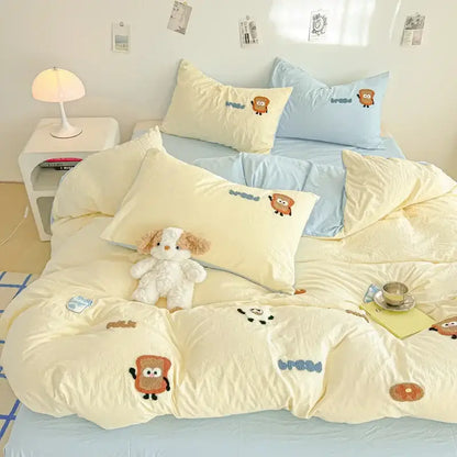 Cream cartoon embroidery jacquard comforter set bedroom bed linen