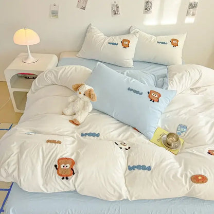 Cream cartoon embroidery jacquard comforter set bedroom bed linen