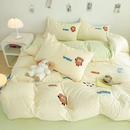 Cream cartoon embroidery jacquard comforter set bedroom bed linen