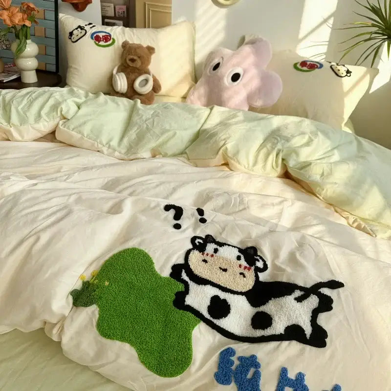 Cream cartoon embroidery jacquard comforter set bedroom bed linen