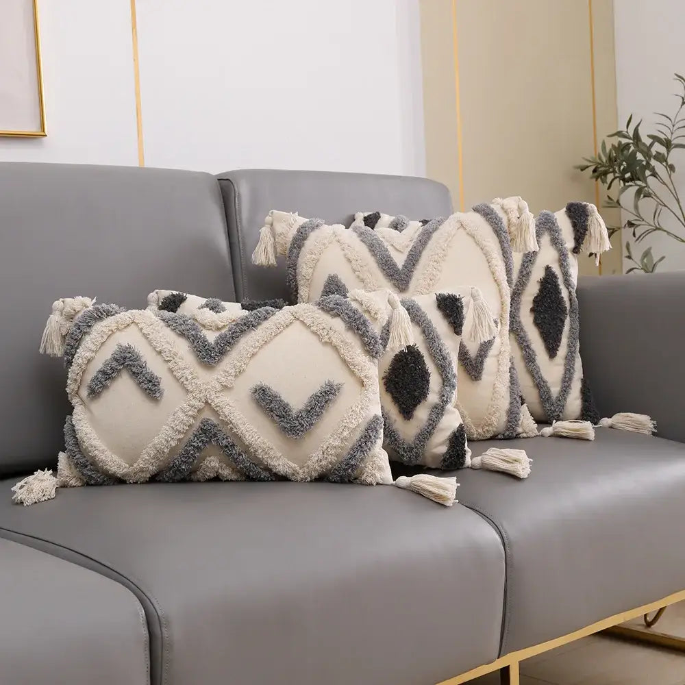Cream & charcoal grey geometric tufted cushion cover living room decor