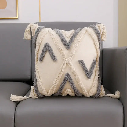Cream & charcoal grey geometric tufted cushion cover living room decor