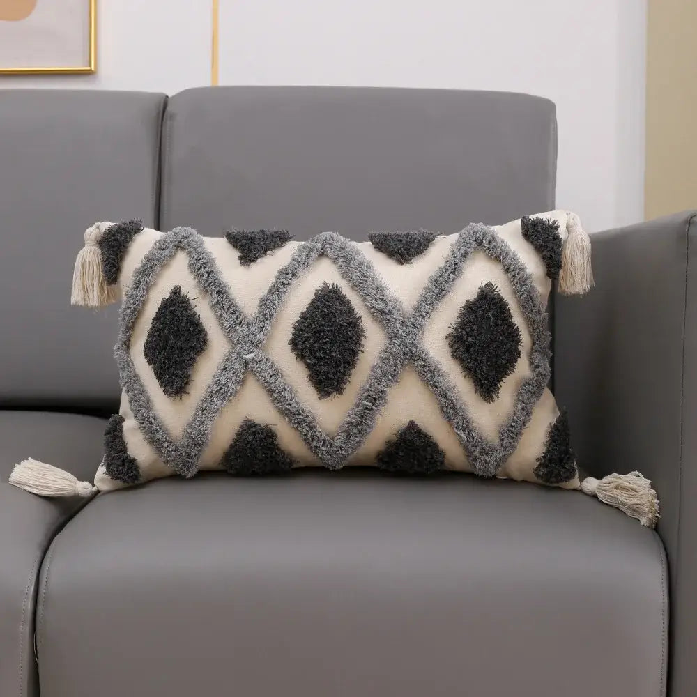 Cream & charcoal grey geometric tufted cushion cover living room decor