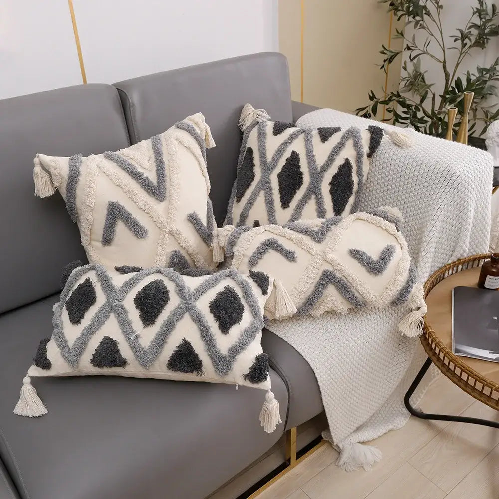 Cream & charcoal grey geometric tufted cushion cover living room decor