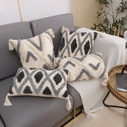 Cream & charcoal grey geometric tufted cushion cover living room decor