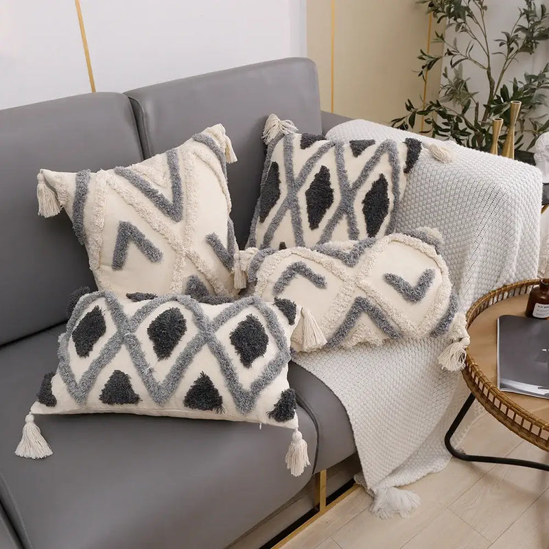 Cream & charcoal grey geometric tufted cushion cover living room decor