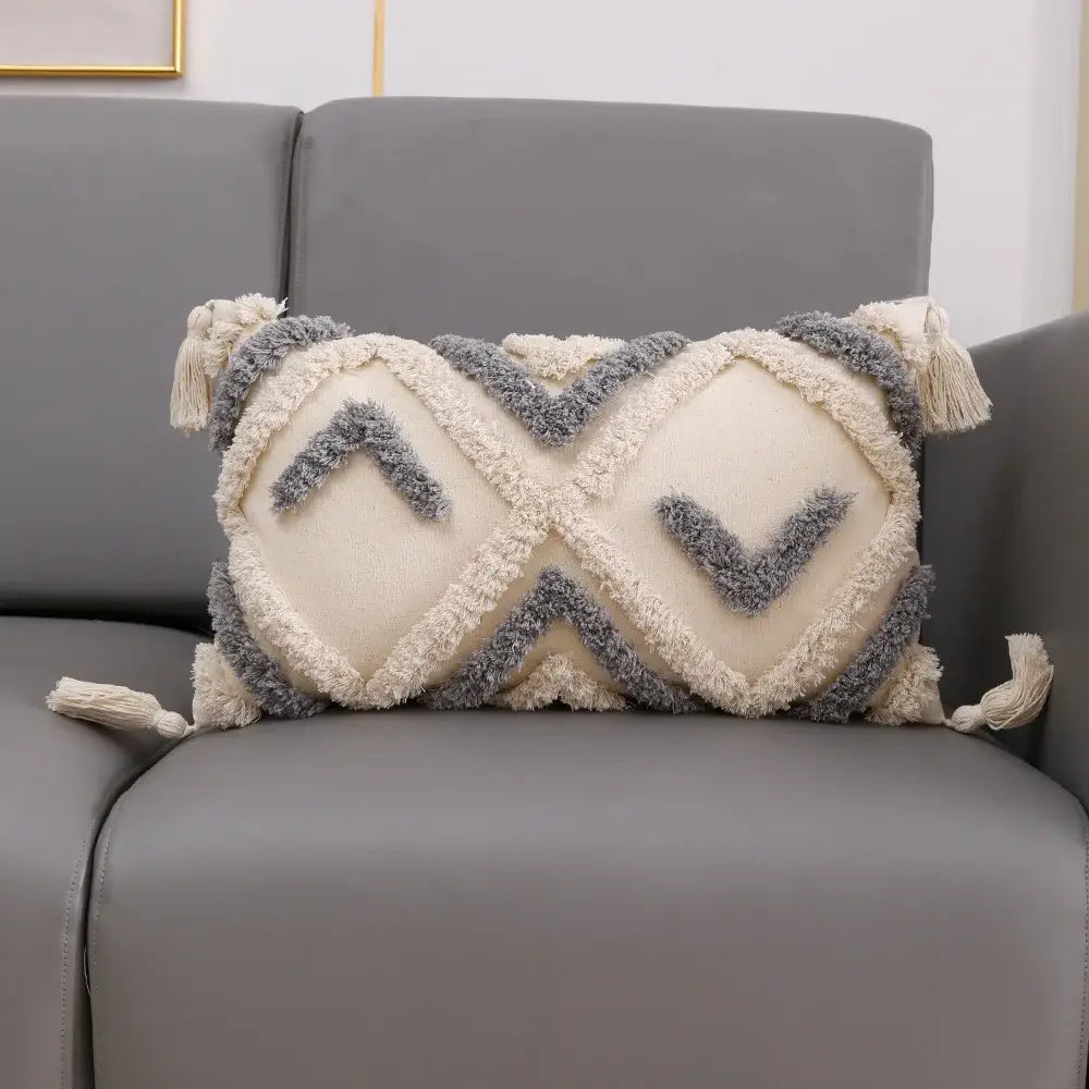 Cream & charcoal grey geometric tufted cushion cover living room decor