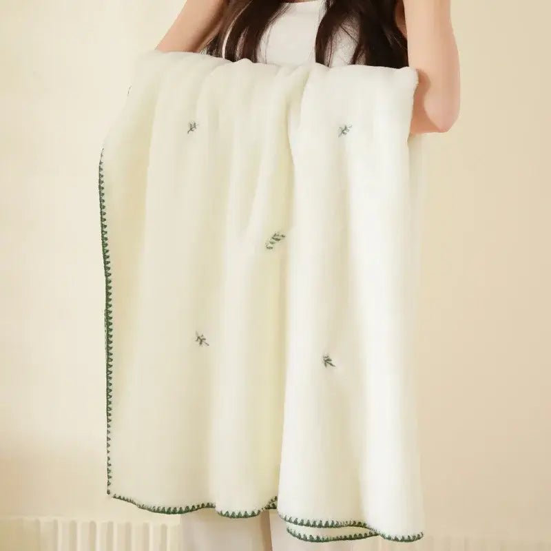 Cream cherry velvet embroidered blanket bedroom pom pom throw