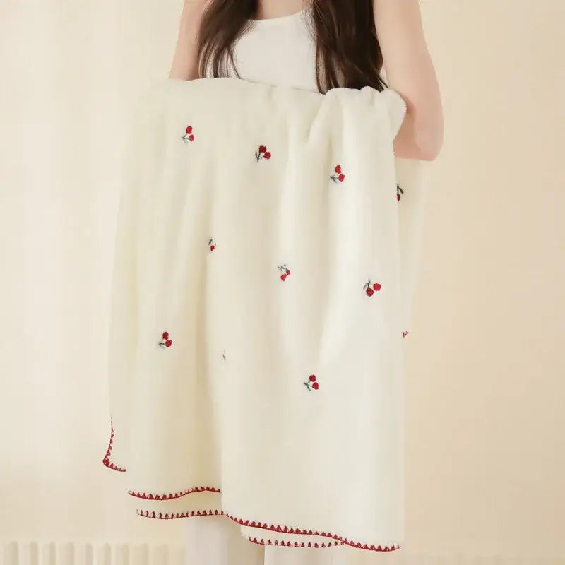 Cream cherry velvet embroidered blanket bedroom pom pom throw