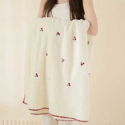 Cream cherry velvet embroidered blanket bedroom pom pom throw